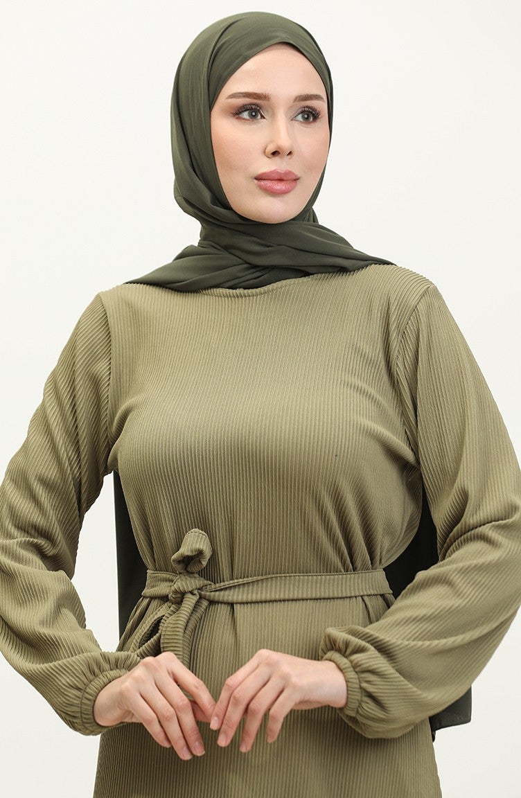 Sefa Merve Corduroy Belted Dress 0261-09 Khaki Green  - Image 3