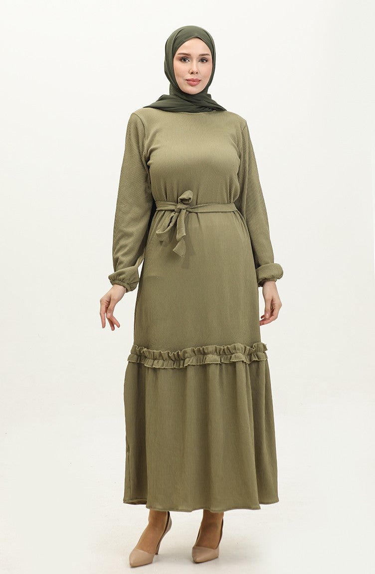 Sefa Merve Corduroy Belted Dress 0261-09 Khaki Green  - Image 2