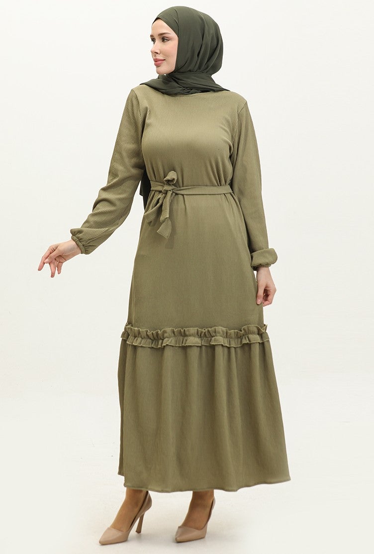 Sefa Merve Corduroy Belted Dress 0261-09 Khaki Green  - Image 1