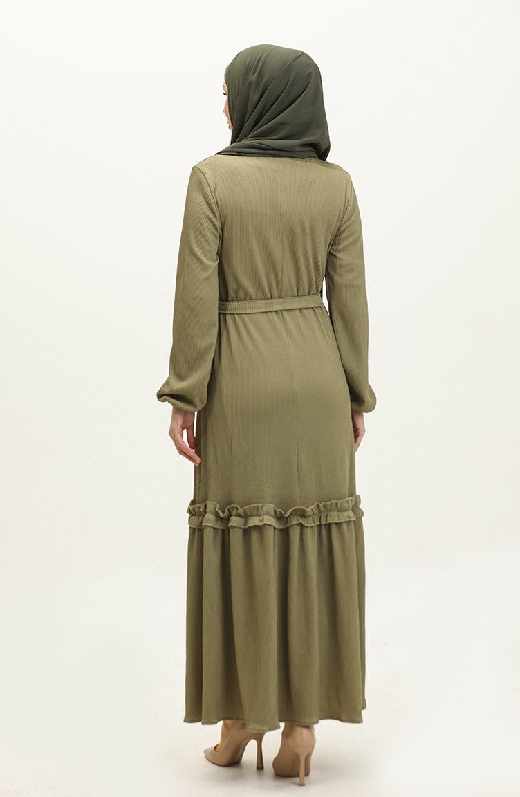 Sefa Merve Corduroy Belted Dress 0261-09 Khaki Green  - Image 5