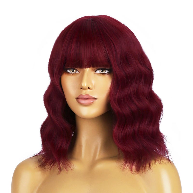BERON 14 Inches Red Wig Short Curly Wigs Wine Red Wigs with Bangs for Women Synthetic Wig with Hairnet