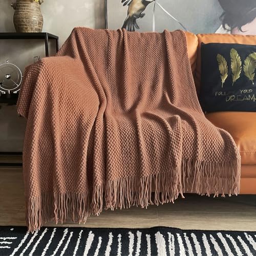LOMAO Knitted Throw Blanket with Tassels Bubble Textured Lightweight Throws for Couch Cover Home Decor (Caramel, 50x60) - Image 1