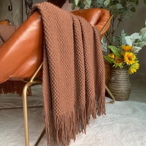 LOMAO Knitted Throw Blanket with Tassels Bubble Textured Lightweight Throws for Couch Cover Home Decor (Caramel, 50x60) - Image 2