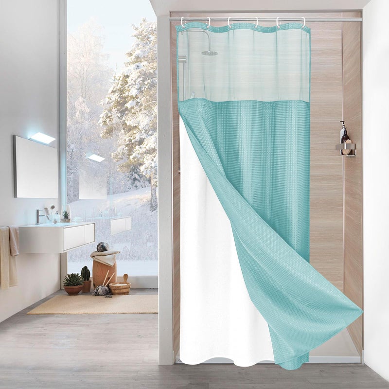 MitoVilla Teal Small Stall Shower Curtain 36 x 72  Turquoise Narrow Half Size Waffle Weave Fabric Shower Curtain with Water-Repellent Snap-in Liner for Aqua Modern Neutral Hotel Bathroom Decor - Image 1