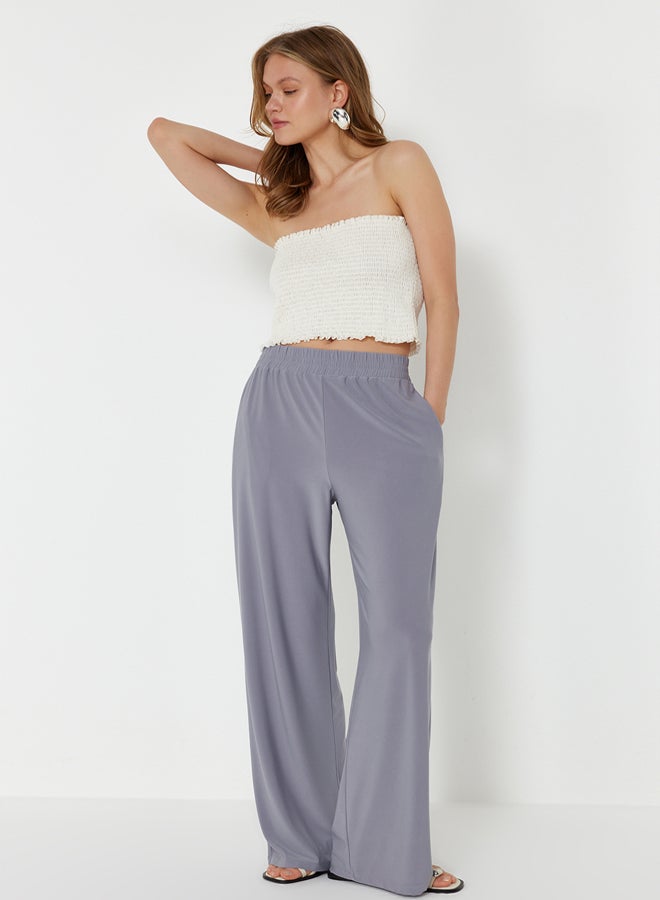 trendyol Gray Wide Leg/Casual Fit High Waist Elastic Knitted Trousers TWOSS23PL00129 - Image 2