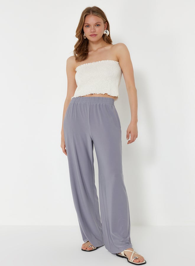 trendyol Gray Wide Leg/Casual Fit High Waist Elastic Knitted Trousers TWOSS23PL00129 - Image 1