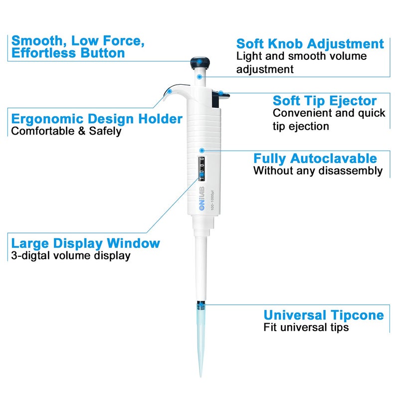 ONiLAB Lab Micropipette, Single Channel Pipette,Adjustable Volume Pipette, Micro Pipettes, High Precision Pipettor,Fully Autoclavable,0.5-10ul - Image 3
