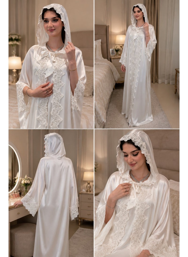 عباية عروس بيضاء فاخرة من الساتان الحريري بغطاء رأس وتطريز دانتيل  مرصع باللؤلؤ - Image 4
