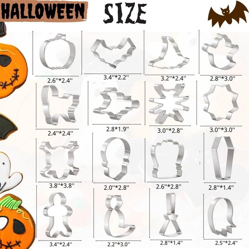 KAISHANE Halloween Cookie Cutters Set 16 Pieces Halloween Biscuit Cutters Shapes  Ghost Bat Pumpkin Cat Witch Spider Skull Gingerbread Man Etc for Baking Stainless Steel - Image 2