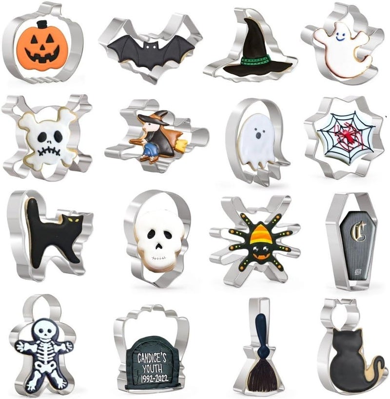 KAISHANE Halloween Cookie Cutters Set 16 Pieces Halloween Biscuit Cutters Shapes  Ghost Bat Pumpkin Cat Witch Spider Skull Gingerbread Man Etc for Baking Stainless Steel - Image 1