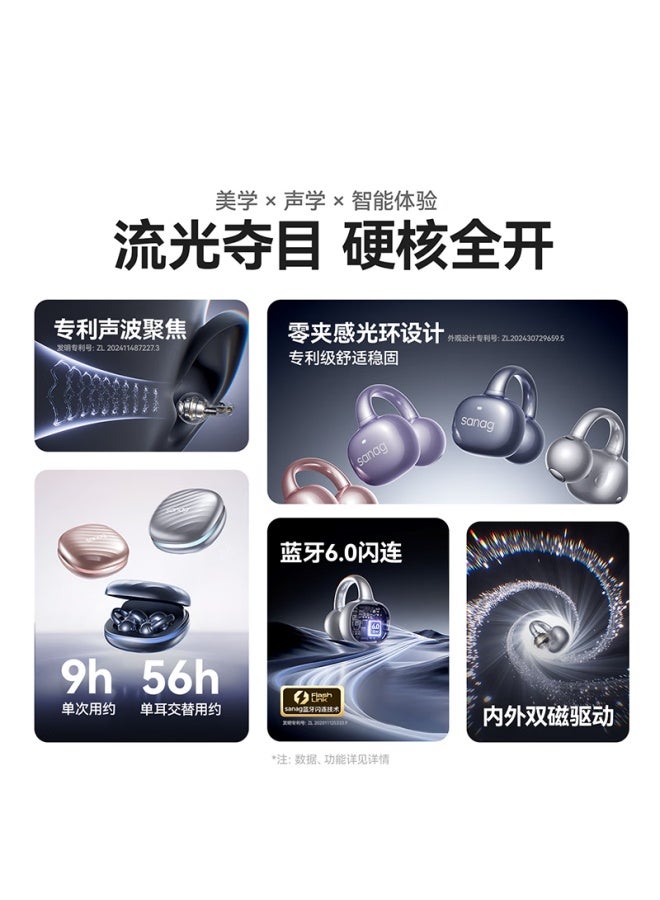 Sanag Sena F50ai Bone Conduction Clip-on Bluetooth Headphones Noise-cancelling Open-ear Sports Gaming Headset Moonlight Silver