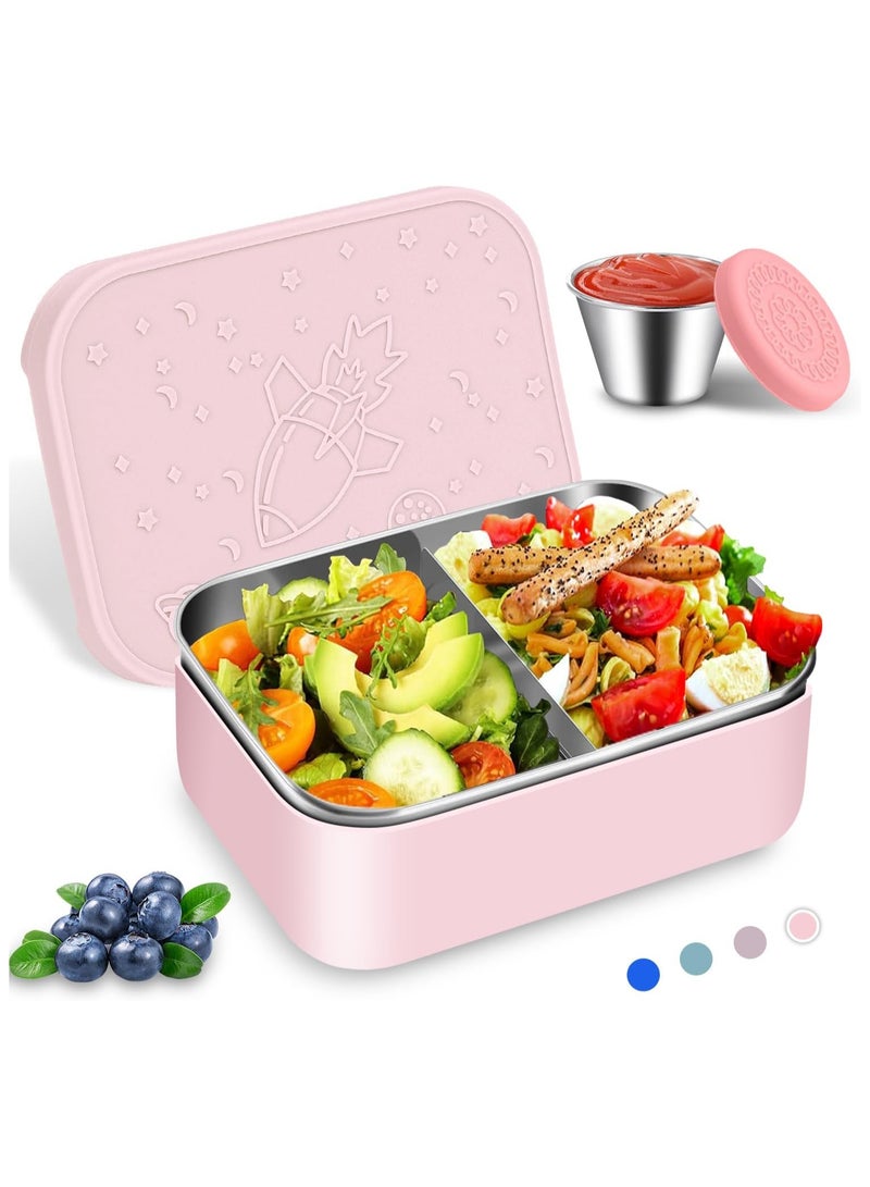 SYOSI Stainless Steel Bento Box, 28.7oz Removable Divider Bento Lunch Boxes, Leak Proof Reusable Metal Lunch Containers, with Silicone Lid Easy open, Including 2.4oz Sauce Container  - Image 1