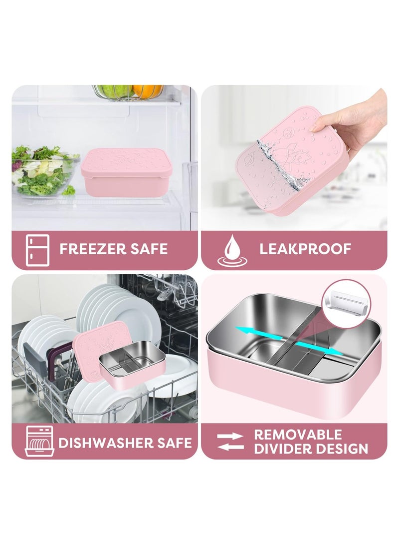 SYOSI Stainless Steel Bento Box, 28.7oz Removable Divider Bento Lunch Boxes, Leak Proof Reusable Metal Lunch Containers, with Silicone Lid Easy open, Including 2.4oz Sauce Container  - Image 5