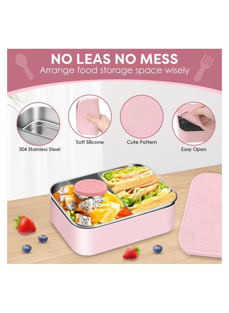 SYOSI Stainless Steel Bento Box, 28.7oz Removable Divider Bento Lunch Boxes, Leak Proof Reusable Metal Lunch Containers, with Silicone Lid Easy open, Including 2.4oz Sauce Container  - Image 2