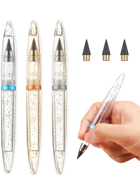 3PCS Inkless Magic Pencil, Infinity Reusable Pencil for Writing with Extra 3 Lead Refills, Replaceable Nib Inkless Pencils for Drawing, Drafting, Home Office School Supplies-Silver Starry Sky