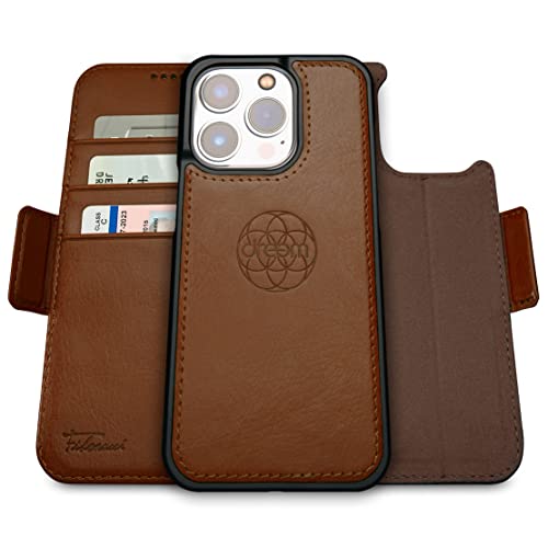 Dreem Wallet Case for iPhone 14 Pro Max, 2 Way Phone Stand, Magnetic Detachable Vegan Leather Flip Cover RFID Blocking Card Holder, MagSafe-Fit, Gift Box [Fibonacci: Chocolate] - Image 1
