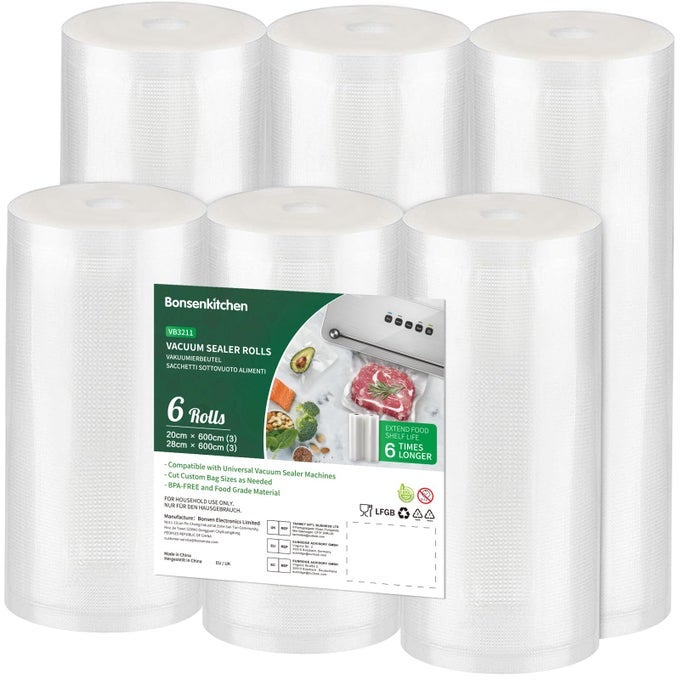 6 PACKS VACUUM SEALER ROLLS BAGS 3 ROLLS 28 X 600CM 3 ROLLS 20 X 600CM STORAGE BAGS DURABLE COMMERCIAL CUSTOMIZED SIZE FOOD BAGS FOR FOOD STORAGE AND SOUS VIDE COOKING VB3211