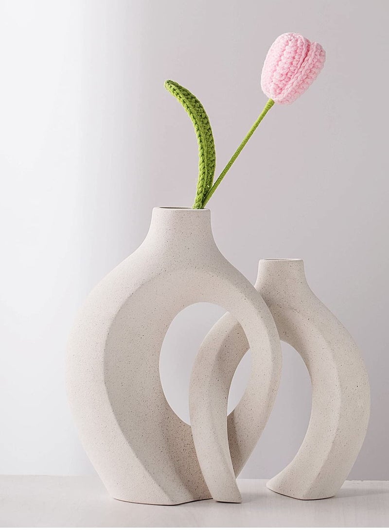 Beauenty Ceramic Vase Set of 2 for Modern Home Decor, White Boho Donut Vases Nordic Minimalist Decorative Vase for Table Centerpiece Wedding Dining Living Room Office House Decoration - Image 2