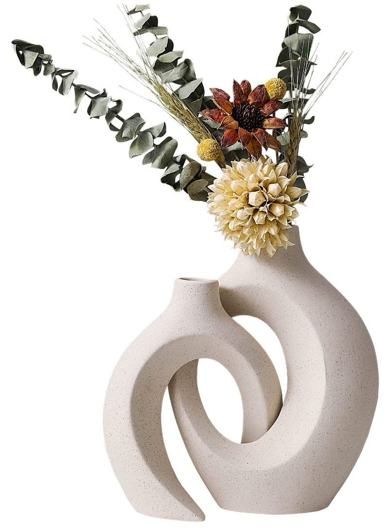 Beauenty Ceramic Vase Set of 2 for Modern Home Decor, White Boho Donut Vases Nordic Minimalist Decorative Vase for Table Centerpiece Wedding Dining Living Room Office House Decoration - Image 4
