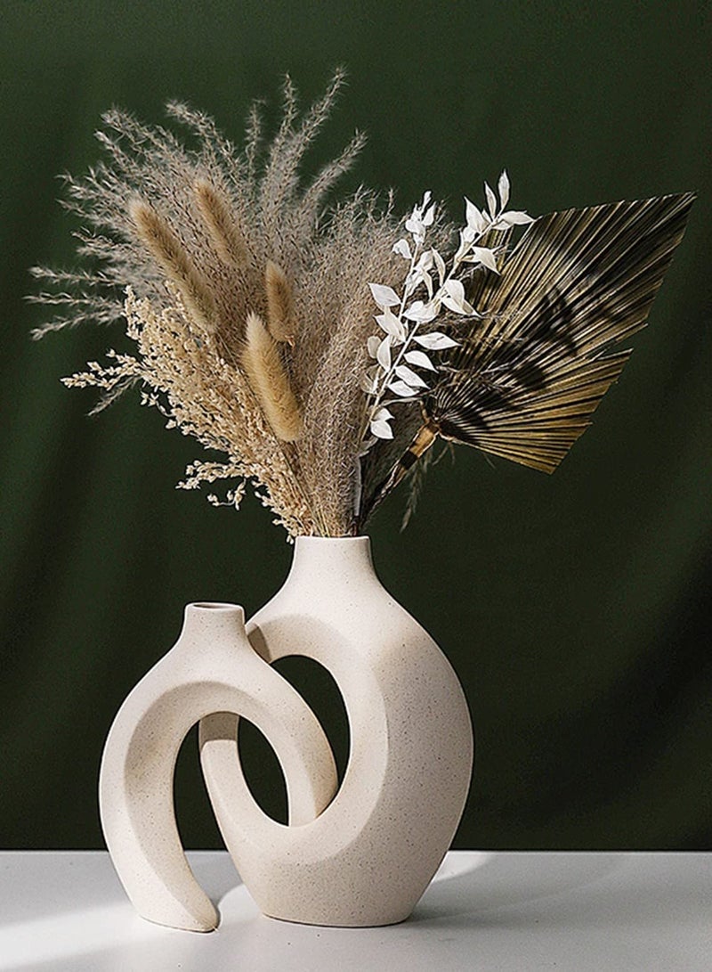 Beauenty Ceramic Vase Set of 2 for Modern Home Decor, White Boho Donut Vases Nordic Minimalist Decorative Vase for Table Centerpiece Wedding Dining Living Room Office House Decoration - Image 3