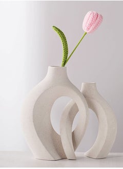 Beauenty Ceramic Vase Set of 2 for Modern Home Decor, White Boho Donut Vases Nordic Minimalist Decorative Vase for Table Centerpiece Wedding Dining Living Room Office House Decoration  - Image 2