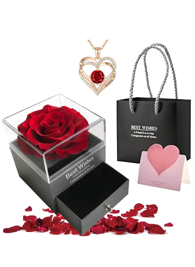 Adando Adando Eternal Rose with Gift Box Cute Eternal Red Rose Set with I Love You Necklace Handmade Preserved Rose Jewelry Box for Mom/Wife/Girlfriend A Romantic Gift for Her  - Image 1