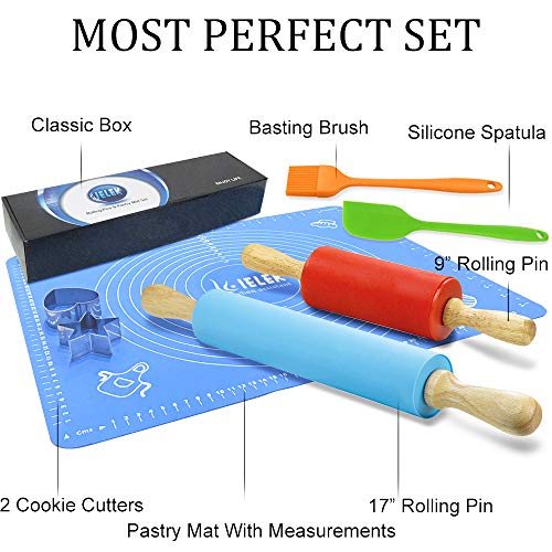 IELEK Non-Stick Rolling Pin Silicone Basting Pastry Mat Spatula Brushes Set:Combo Kit of Large and Small Dough Rollers and 2 Stainless Steel Cookie Cutters for Baking - Image 4