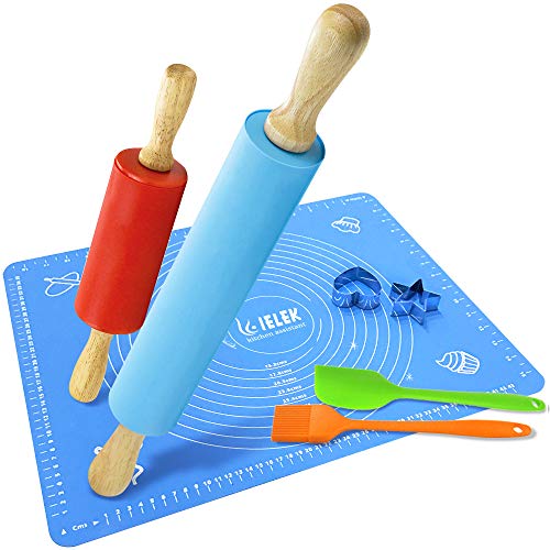 IELEK Non-Stick Rolling Pin Silicone Basting Pastry Mat Spatula Brushes Set:Combo Kit of Large and Small Dough Rollers and 2 Stainless Steel Cookie Cutters for Baking - Image 1