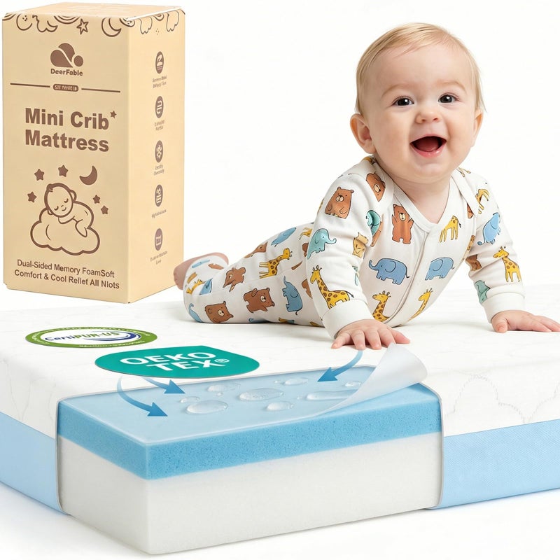 DeerFable Dual Sided Pack and Play Mattress, 3 Inch Thick Soft & Firm Memory Foam Breathable Portable Pack n Play Mattresses, 4 in1 Baby Playpen Mattresses with Removable Washable Cover - 38x26x3 Inch - Image 1