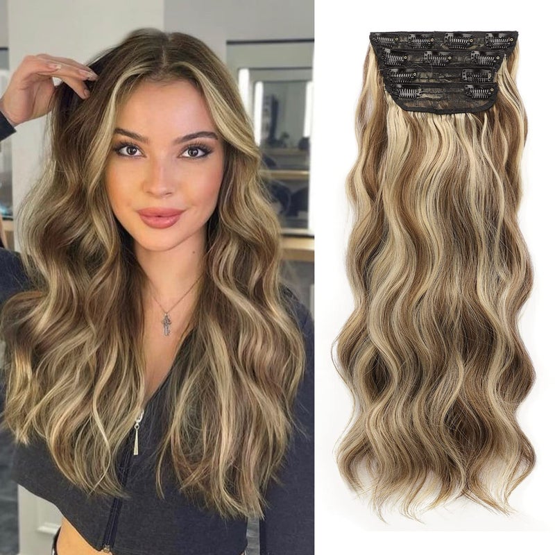 Nnzes Clip in Long Wavy Hair Extension 4PCS Thick Brown mix Blonde Hairpieces Double Weft 20 Inch Synthetic Hair Extension for Women 20 Inch