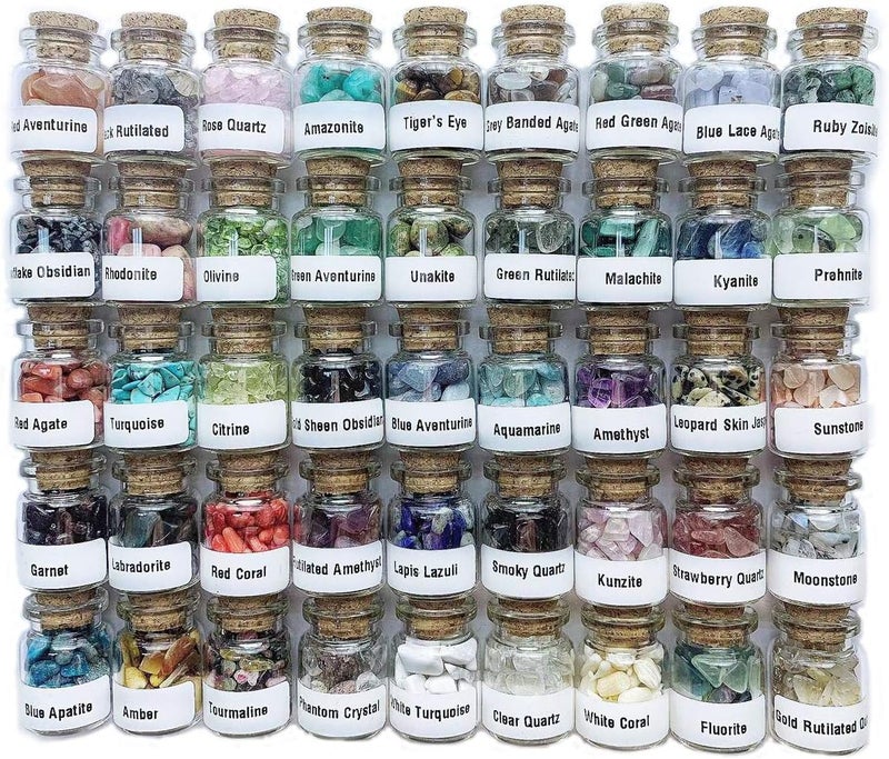 A Set of 45 Different Crystal Gemstones in Glass Bottles, Chakra Healing Crystals, Witchcraft Crystals, Metaphysic Tumbled Crystal Chip Chakra Stones Set