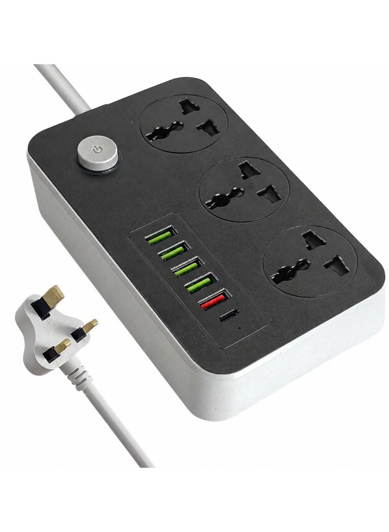 سكاي تاتش مقبس تمديد طاقة عالمي من سكاي تاتش مزود بـ 3 منافذ تيار متردد، و5 منافذ USB، ومنفذ USB-C واحد، بقدرة 2500 واط وتيار 10 أمبير، وقابس ثلاثي الأطراف بطول مترين مزود بفيوز، وشريط طاقة مزود بمفتاح تشغيل/إيقاف، وحماية من زيادة التيار والحمل الزائد - أسود - Image 1