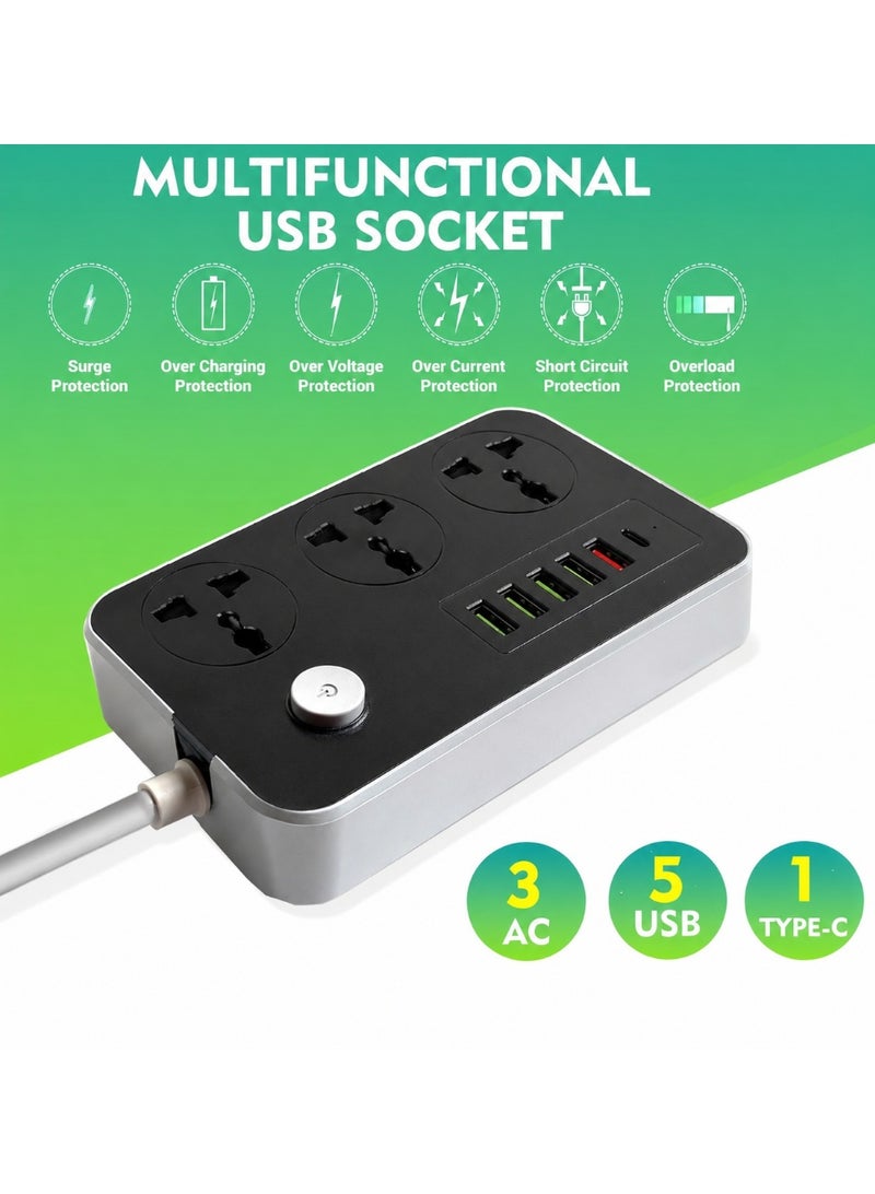 سكاي تاتش مقبس تمديد طاقة عالمي من سكاي تاتش مزود بـ 3 منافذ تيار متردد، و5 منافذ USB، ومنفذ USB-C واحد، بقدرة 2500 واط وتيار 10 أمبير، وقابس ثلاثي الأطراف بطول مترين مزود بفيوز، وشريط طاقة مزود بمفتاح تشغيل/إيقاف، وحماية من زيادة التيار والحمل الزائد - أسود - Image 2