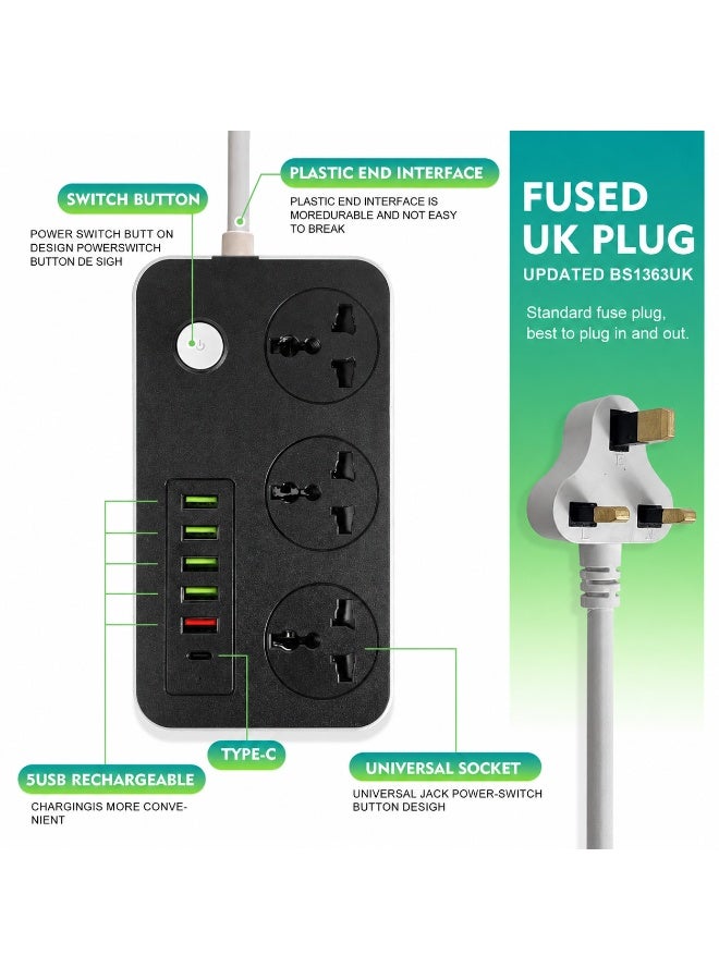 سكاي تاتش مقبس تمديد طاقة عالمي من سكاي تاتش مزود بـ 3 منافذ تيار متردد، و5 منافذ USB، ومنفذ USB-C واحد، بقدرة 2500 واط وتيار 10 أمبير، وقابس ثلاثي الأطراف بطول مترين مزود بفيوز، وشريط طاقة مزود بمفتاح تشغيل/إيقاف، وحماية من زيادة التيار والحمل الزائد - أسود - Image 3