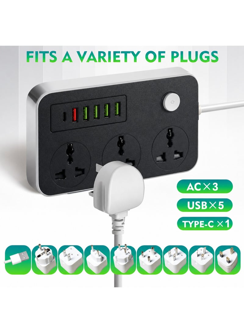 سكاي تاتش مقبس تمديد طاقة عالمي من سكاي تاتش مزود بـ 3 منافذ تيار متردد، و5 منافذ USB، ومنفذ USB-C واحد، بقدرة 2500 واط وتيار 10 أمبير، وقابس ثلاثي الأطراف بطول مترين مزود بفيوز، وشريط طاقة مزود بمفتاح تشغيل/إيقاف، وحماية من زيادة التيار والحمل الزائد - أسود - Image 4
