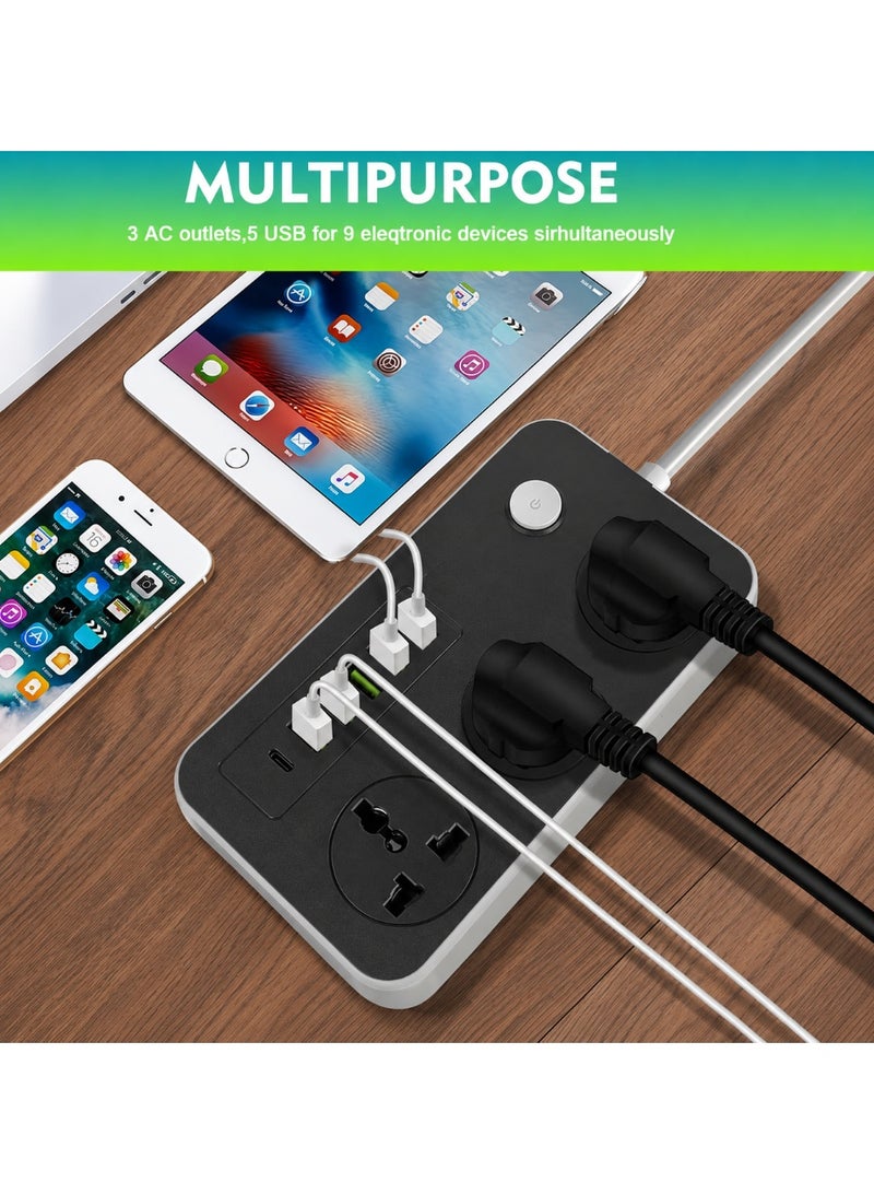 سكاي تاتش مقبس تمديد طاقة عالمي من سكاي تاتش مزود بـ 3 منافذ تيار متردد، و5 منافذ USB، ومنفذ USB-C واحد، بقدرة 2500 واط وتيار 10 أمبير، وقابس ثلاثي الأطراف بطول مترين مزود بفيوز، وشريط طاقة مزود بمفتاح تشغيل/إيقاف، وحماية من زيادة التيار والحمل الزائد - أسود - Image 5