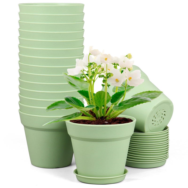 Meowell 4 inch Small Plastic Nursery Pots 16 Pack Plant Pots for Indoor Outdoor Plants Flower Pots with Drainage Holes and Saucers Decorative Seedling Starter Planters for House Plants Green - Image 2
