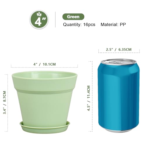 Meowell 4 inch Small Plastic Nursery Pots 16 Pack Plant Pots for Indoor Outdoor Plants Flower Pots with Drainage Holes and Saucers Decorative Seedling Starter Planters for House Plants Green - Image 3
