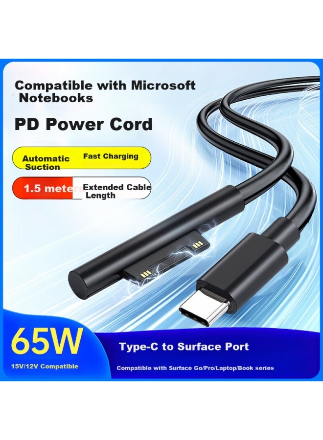 Trendy Style Microsoft Charging Cable For Surface Pro 11/10/9/8/7/6/5/4/Laptop/Go Tablet Notebook Power Cord Type-C To Magnetic Fast Charging Cable - Image 1