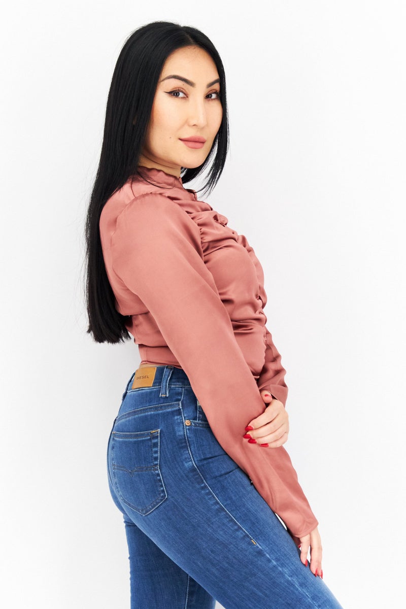 NA-KD Women Crew Neck Textured Long Sleeves Blouse, Brown  - Image 2