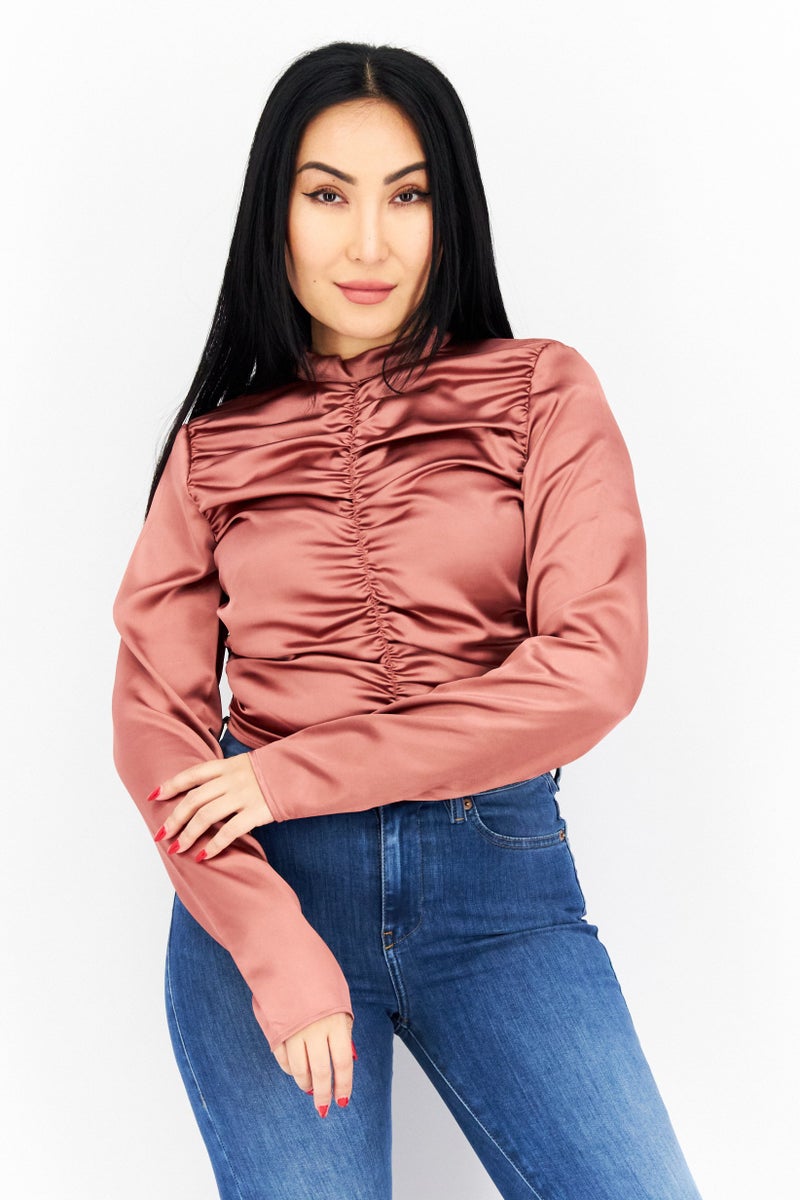NA-KD Women Crew Neck Textured Long Sleeves Blouse, Brown  - Image 1
