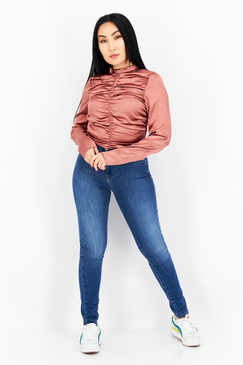 NA-KD Women Crew Neck Textured Long Sleeves Blouse, Brown  - Image 3