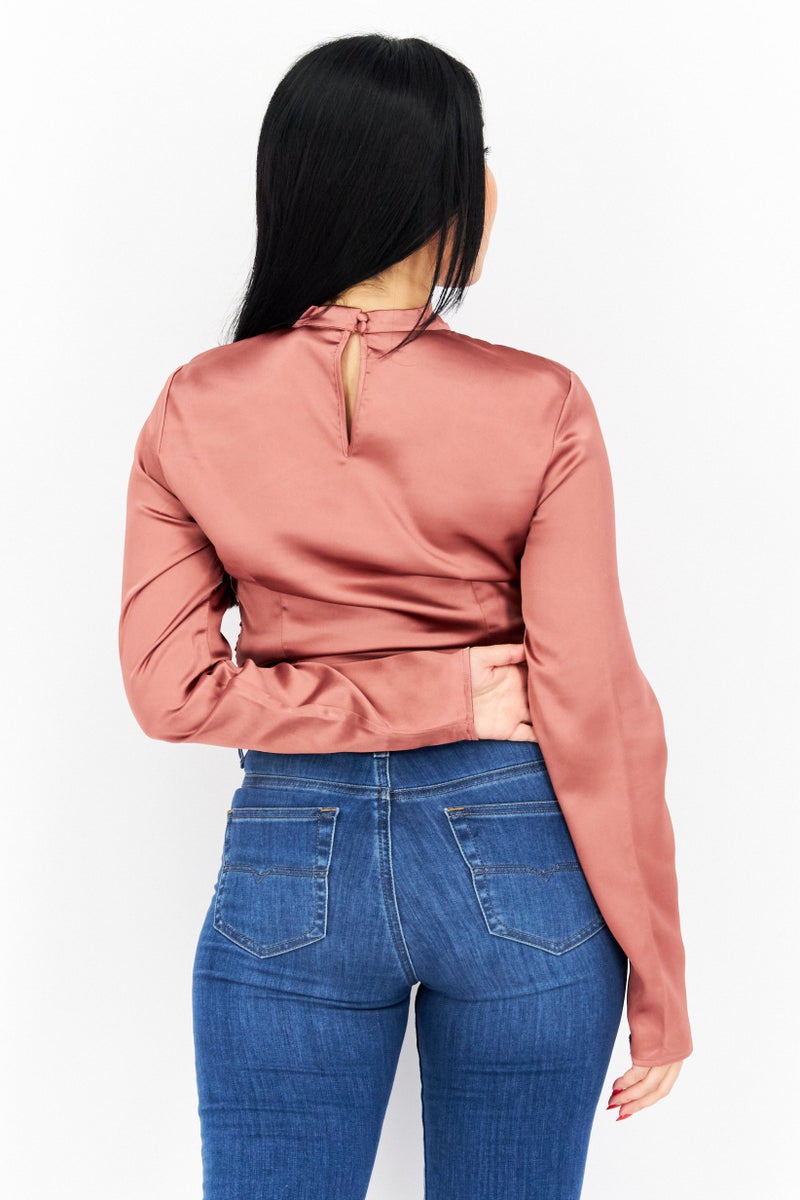 NA-KD Women Crew Neck Textured Long Sleeves Blouse, Brown - Image 4