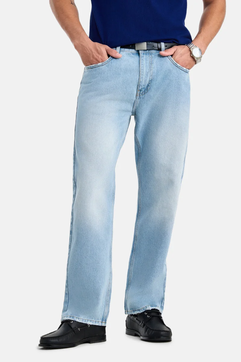 Light Blue Solid Straight Fit Casual Jeans