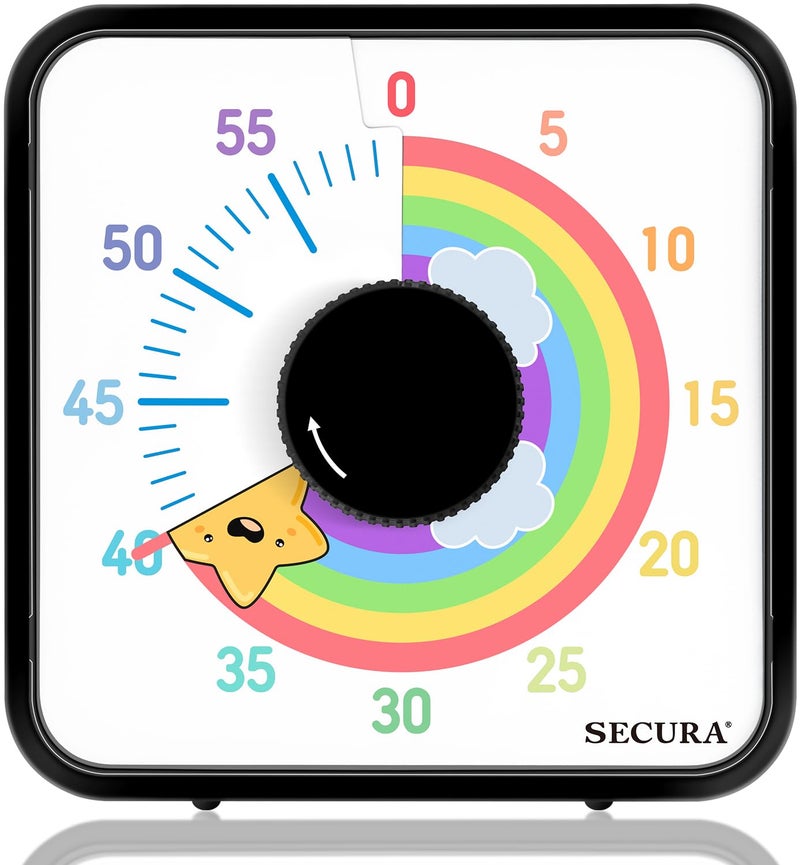 Secura 60-Minute Visual Timer, 7.5 Inch Magnetic Rainbow Countdown Timer for Classroom or Kitchen, Durable Mechanical Timer Clock with Magnetic Backing (Black & Star) - Image 1