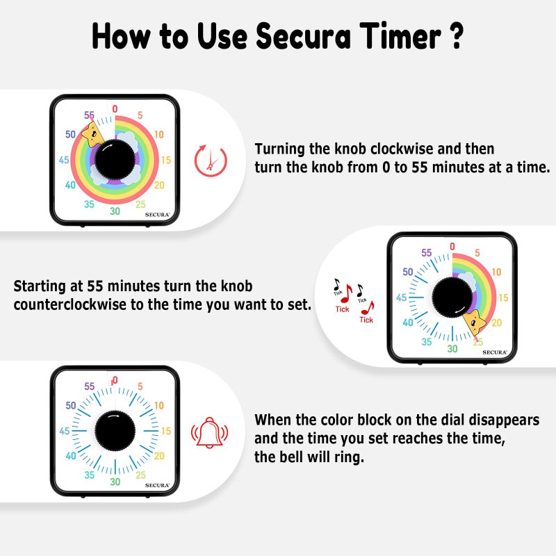 Secura 60-Minute Visual Timer, 7.5 Inch Magnetic Rainbow Countdown Timer for Classroom or Kitchen, Durable Mechanical Timer Clock with Magnetic Backing (Black & Star) - Image 3