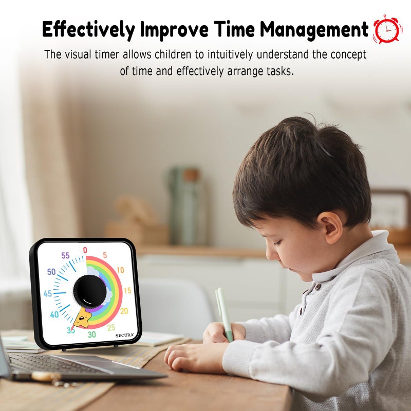 Secura 60-Minute Visual Timer, 7.5 Inch Magnetic Rainbow Countdown Timer for Classroom or Kitchen, Durable Mechanical Timer Clock with Magnetic Backing (Black & Star) - Image 4