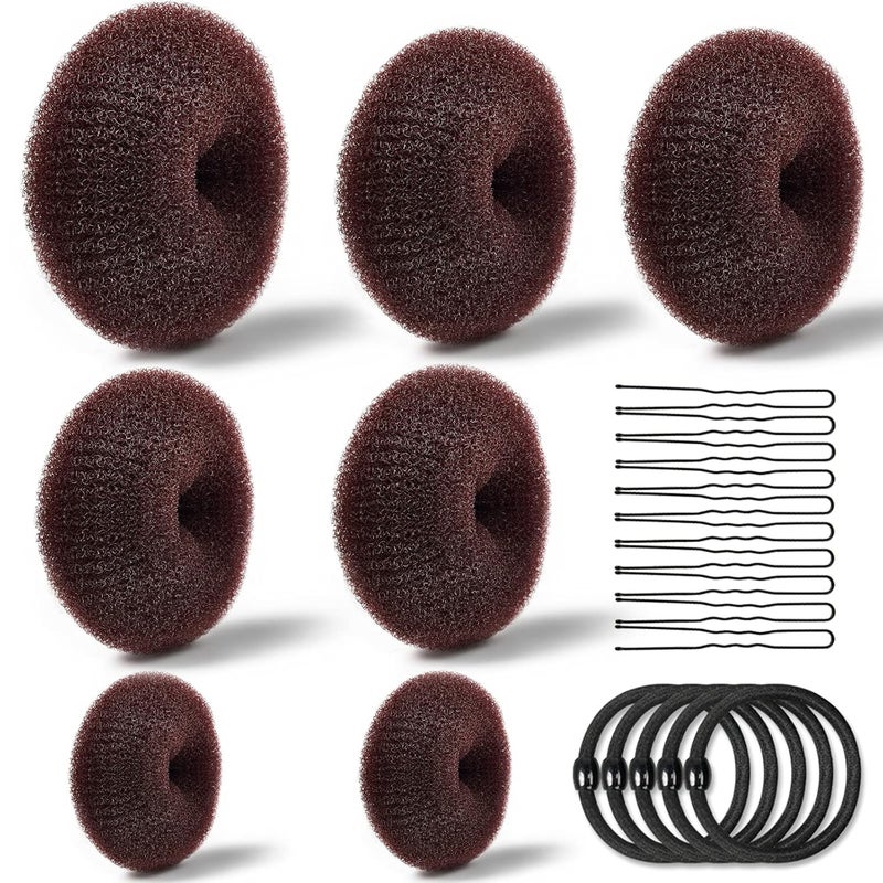 TsMADDTs TsMADDTs Hair Bun Maker, 7PCS Dount Bun Maker for Long Hair Ring Style, 5PCS Elastic Bands and 20PCS U Shaped Pins Dark Brown for Ballet Styling