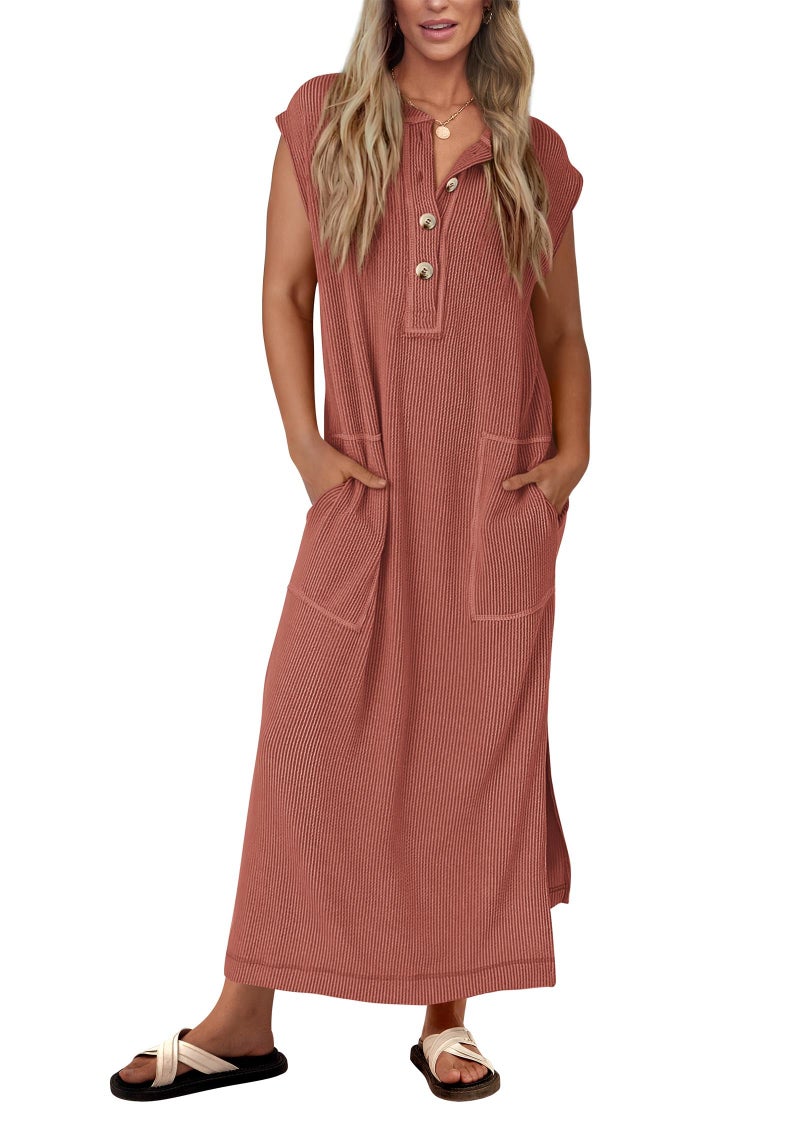 KIRUNDO Womens Summer Dresses 2026 Spring Ribbed Knit Henley Short Sleeve Maxi Dress Button Up Loose Beach Vacation Sundress(Brick Red, Large) - Image 1
