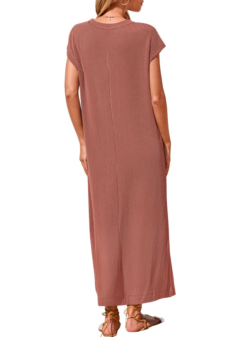 KIRUNDO Womens Summer Dresses 2026 Spring Ribbed Knit Henley Short Sleeve Maxi Dress Button Up Loose Beach Vacation Sundress(Brick Red, Large) - Image 2